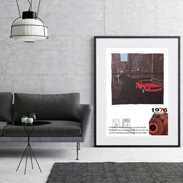 レコードとクラシックカーを描いたアートポスター「1976年」｜Ken Sakamoto作｜ヴィンテージ風でレトロなデザイン