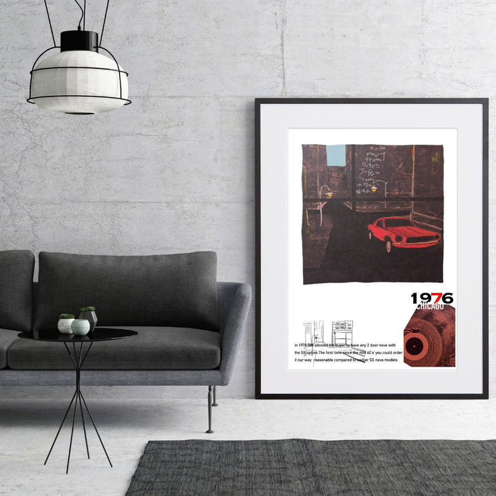 レトロな音楽カルチャー、赤いクラシックカーを描いたアートポスター