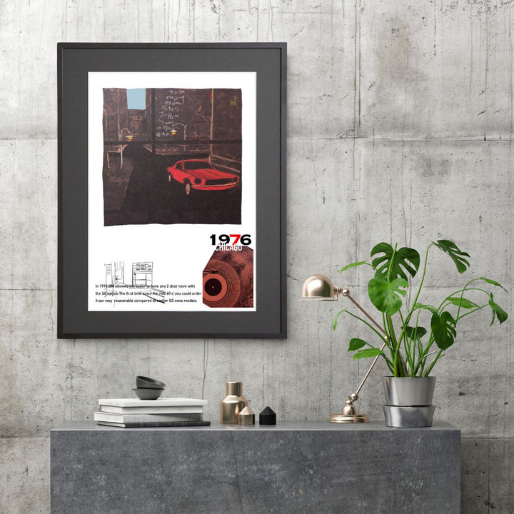 レトロな音楽カルチャー、赤いクラシックカーを描いたアートポスター