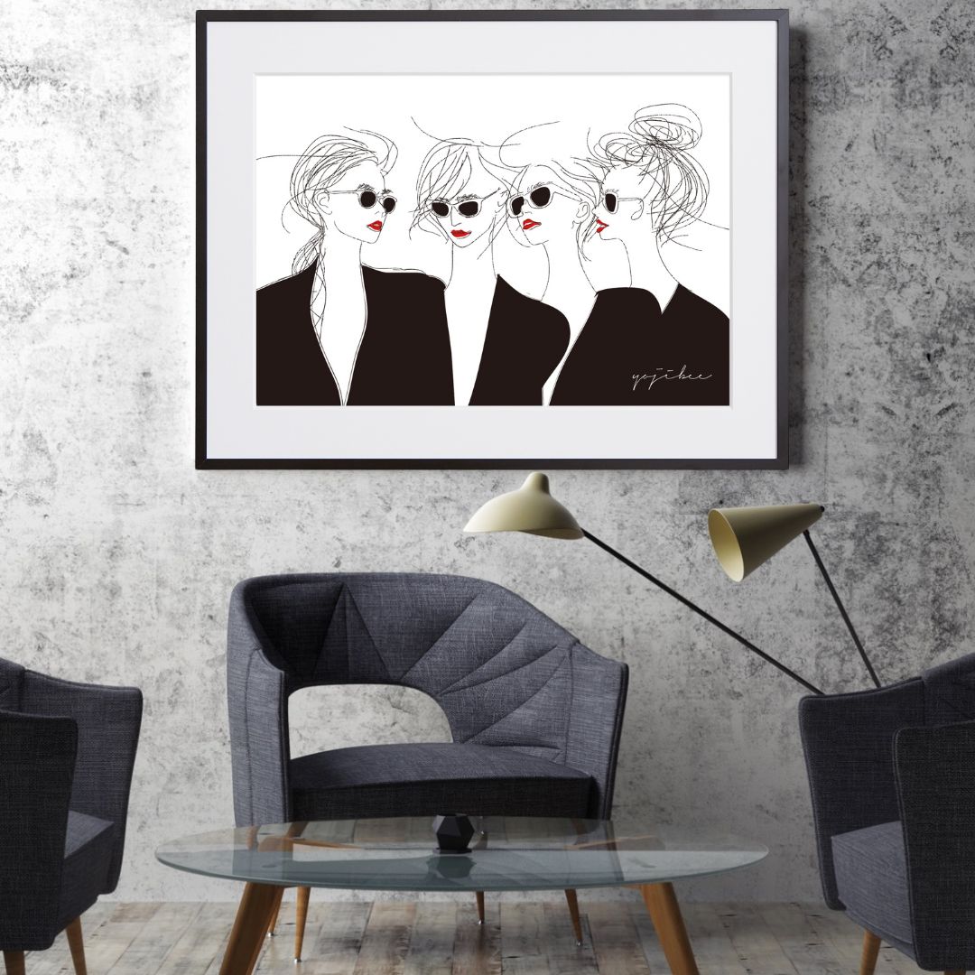 モノクロ線画で魅せるサングラスの4人の女性たちのクールな視線『Cedar