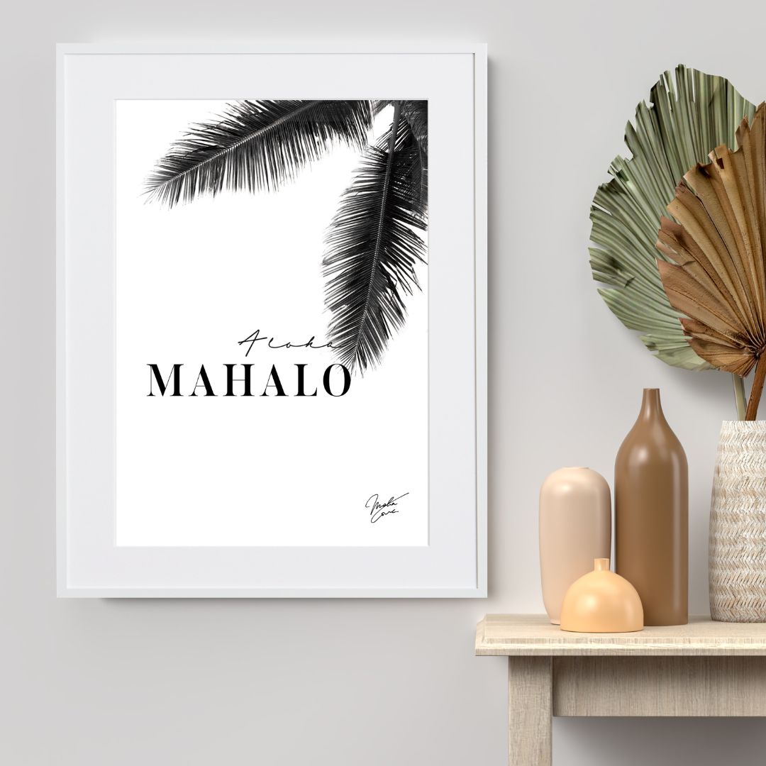 ハワイ語で感謝を届けるモノトーンアートポスター『Hawaii Mahalo