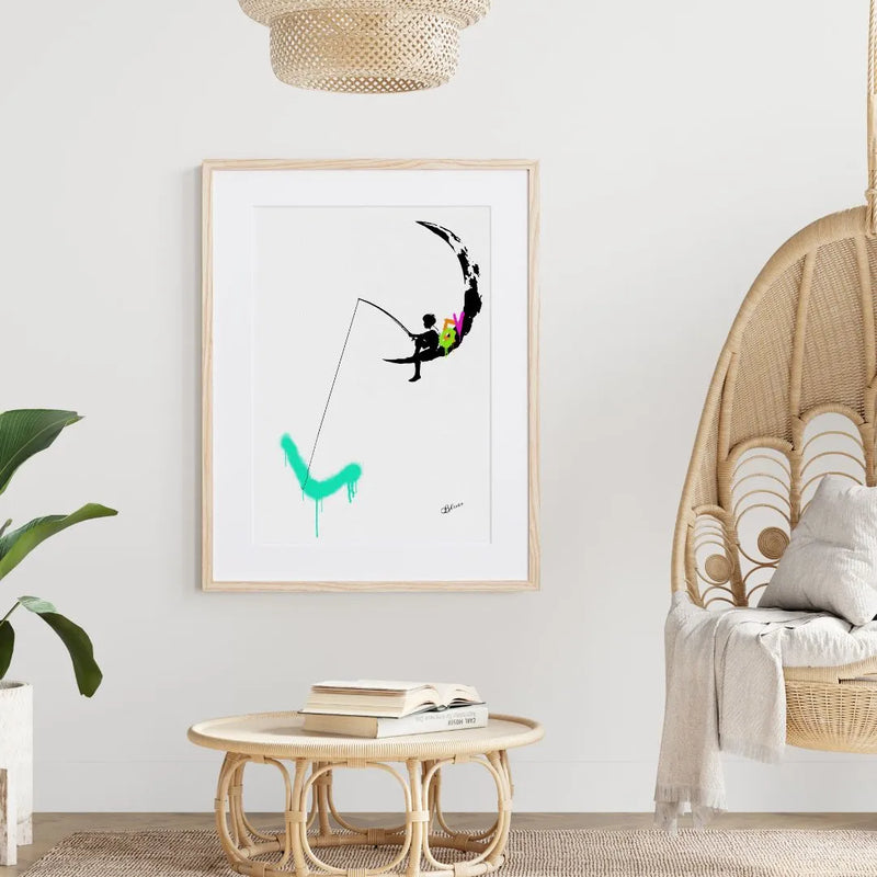 三日月に座る男の子がLOVEを釣る幻想的なアートポスター「Love Moon」｜Bluse作｜やさしさと夢が溶け合う夜空のイラスト