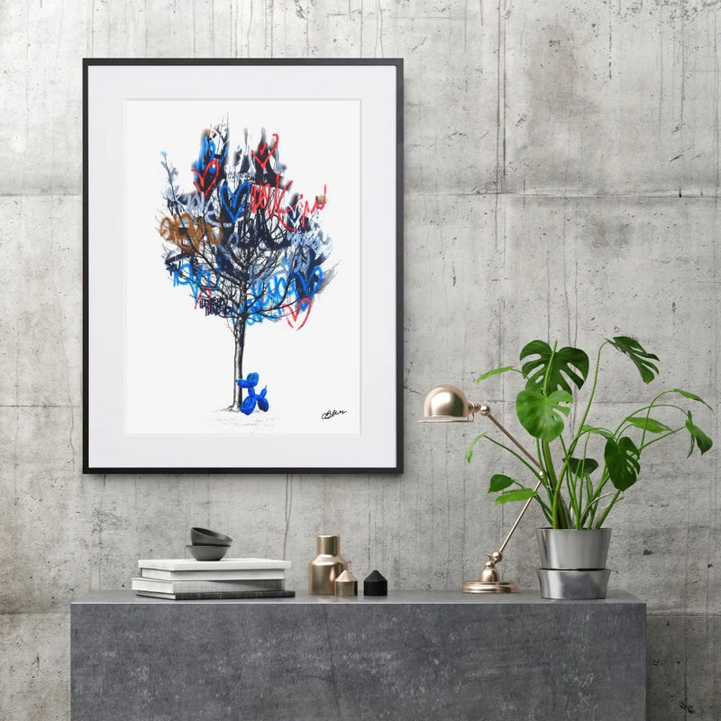 ラブウォールと木の前に立つバルーン犬を描いたアートポスター『Love Tree』｜Bluse作｜ポップでユーモアあふれるコラージュデザイン