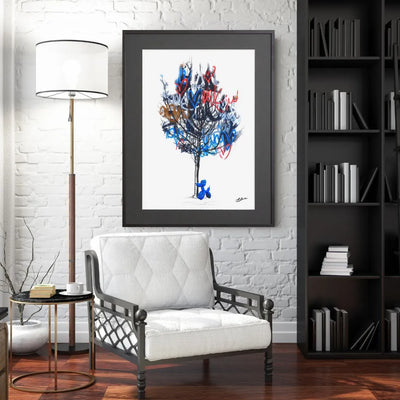 ラブウォールと木の前に立つバルーン犬を描いたアートポスター『Love Tree』｜Bluse作｜ポップでユーモアあふれるコラージュデザイン