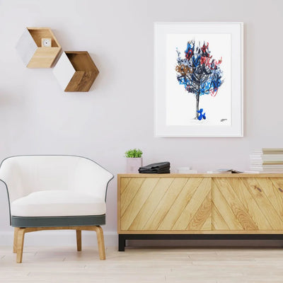 ラブウォールと木の前に立つバルーン犬を描いたアートポスター『Love Tree』｜Bluse作｜ポップでユーモアあふれるコラージュデザイン