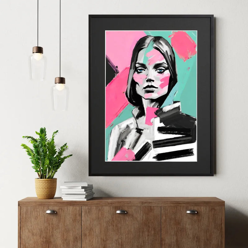ミントグリーンとピンクの大胆な色使いで描いたモダンな女性ポートレート『Mirthful』｜Fancy Art Select｜抽象的な雰囲気がおしゃれなアートポスター
