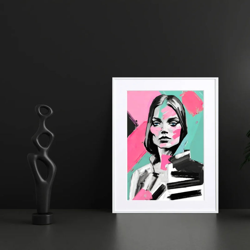 ミントグリーンとピンクの大胆な色使いで描いたモダンな女性ポートレート『Mirthful』｜Fancy Art Select｜抽象的な雰囲気がおしゃれなアートポスター