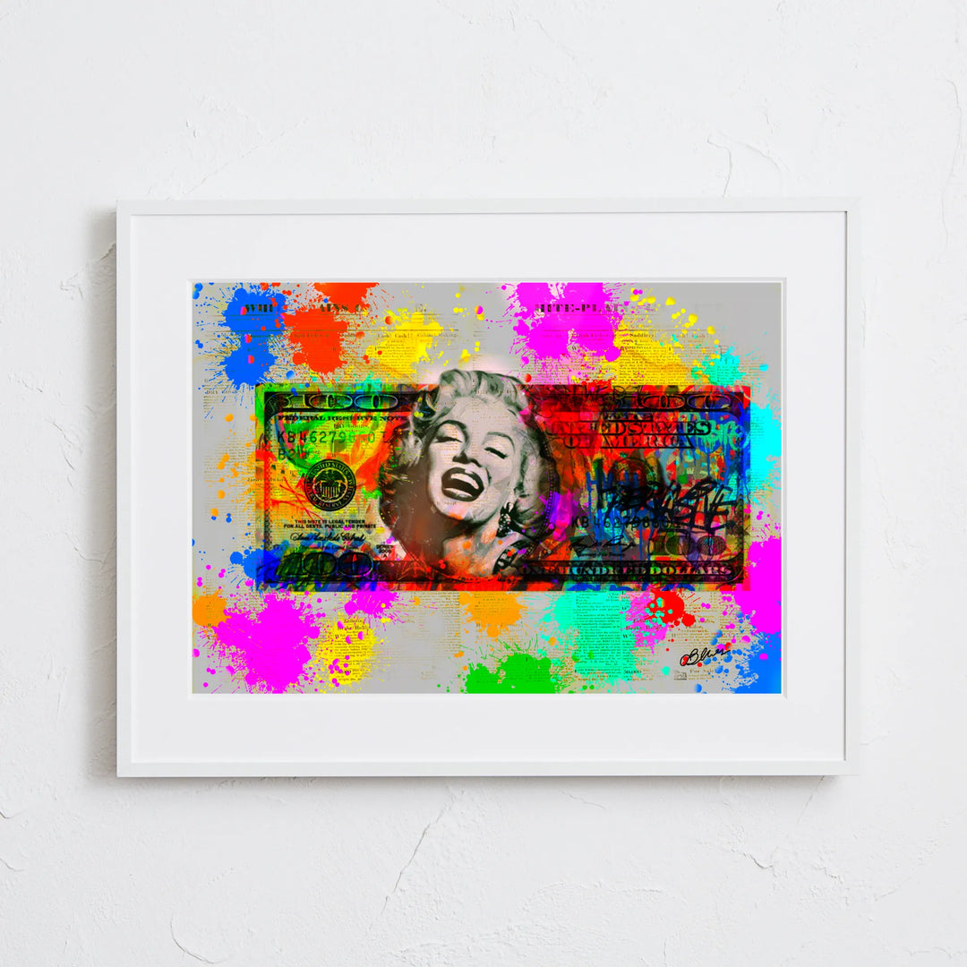 マリリン・モンローと100ドル札を融合したコラージュアートポスター
