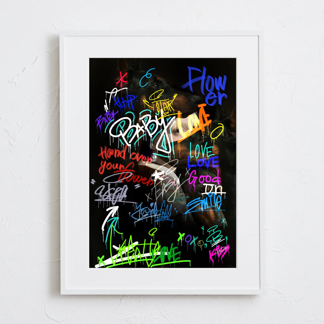 フェルメール×ドーベルマン×ネオングラフィティが融合したコラージュ