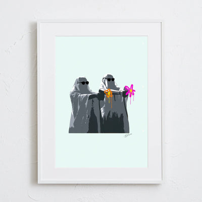 ピストルの先から花を撃ち出すユーモラスなアートポスター「Hand over your flower!」｜Bluse作｜平和と遊び心を融合したデザイン