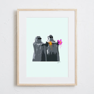 ピストルの先から花を撃ち出すユーモラスなアートポスター「Hand over your flower!」｜Bluse作｜平和と遊び心を融合したデザイン