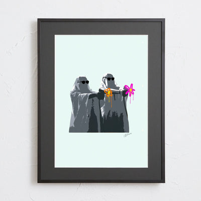 ピストルの先から花を撃ち出すユーモラスなアートポスター「Hand over your flower!」｜Bluse作｜平和と遊び心を融合したデザイン