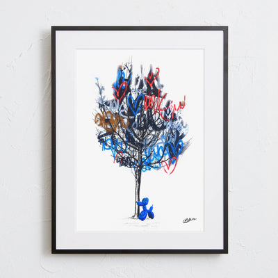 ラブウォールと木の前に立つバルーン犬を描いたアートポスター『Love Tree』｜Bluse作｜ポップでユーモアあふれるコラージュデザイン