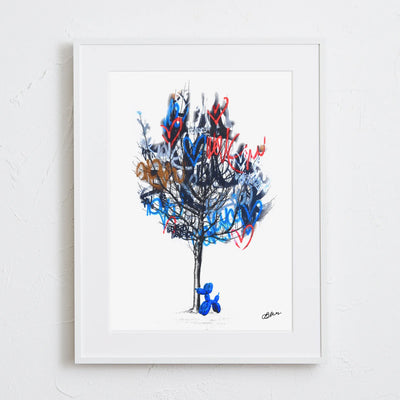ラブウォールと木の前に立つバルーン犬を描いたアートポスター『Love Tree』｜Bluse作｜ポップでユーモアあふれるコラージュデザイン