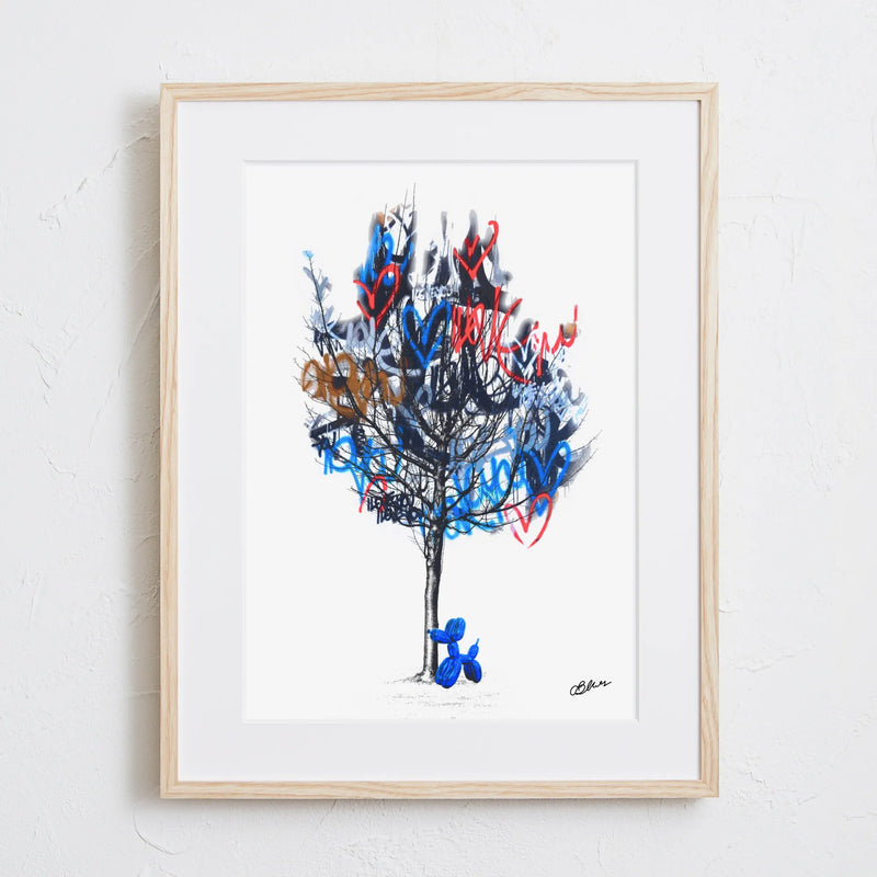 ラブウォールと木の前に立つバルーン犬を描いたアートポスター『Love Tree』｜Bluse作｜ポップでユーモアあふれるコラージュデザイン