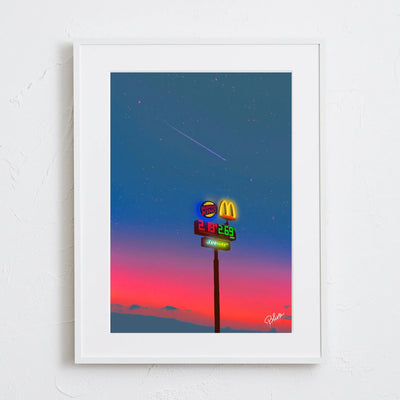 夕焼け空とネオンサインを描いたストリートアートポスター「おいしい夜」｜Blues作｜シンプルでポップな夜の情景