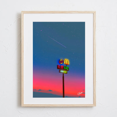 夕焼け空とネオンサインを描いたストリートアートポスター「おいしい夜」｜Blues作｜シンプルでポップな夜の情景