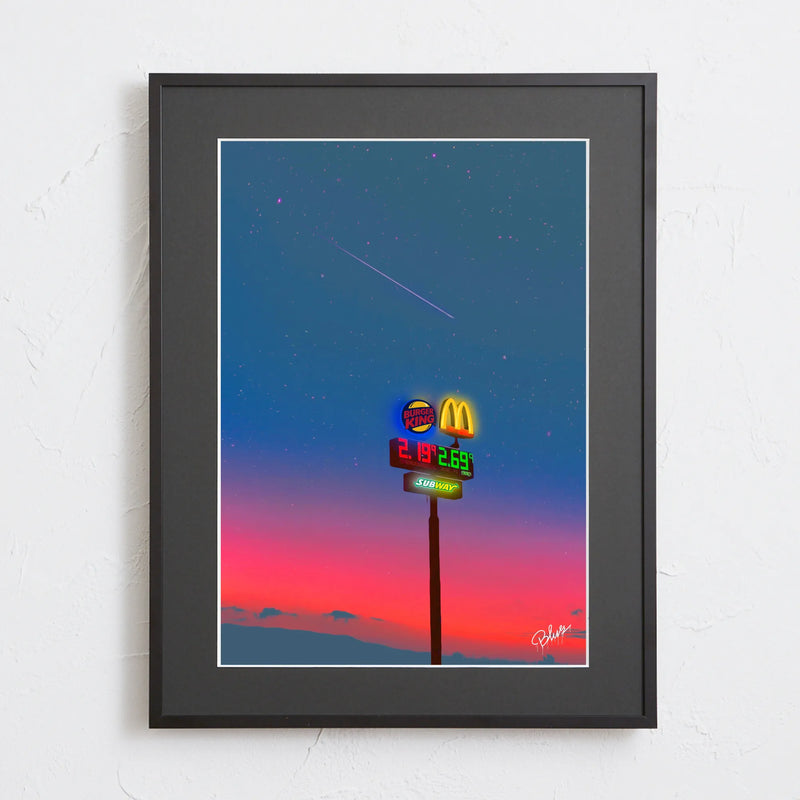 夕焼け空とネオンサインを描いたストリートアートポスター「おいしい夜」｜Blues作｜シンプルでポップな夜の情景