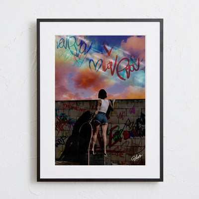 女性とタイポグラフィを組み合わせたストリートアートポスター「beyond the wall」｜Blues作｜クールでメッセージ性のあるイラスト