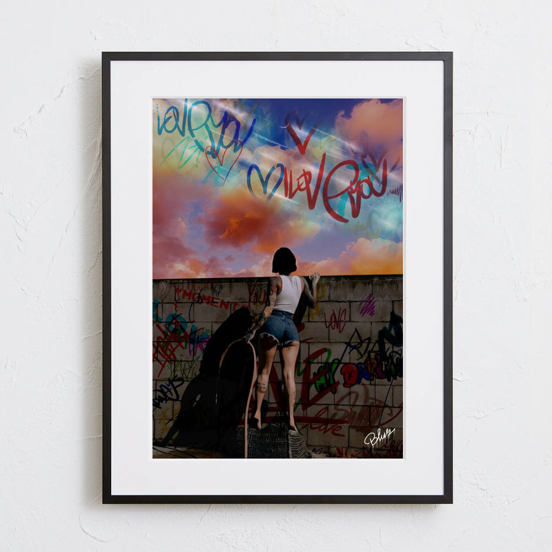 女性とタイポグラフィを組み合わせたストリートアートポスター「beyond the wall」｜Blues作｜クールでメッセージ性のあるイラスト