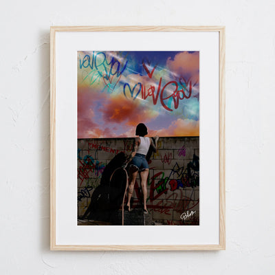 女性とタイポグラフィを組み合わせたストリートアートポスター「beyond the wall」｜Blues作｜クールでメッセージ性のあるイラスト