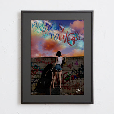 女性とタイポグラフィを組み合わせたストリートアートポスター「beyond the wall」｜Blues作｜クールでメッセージ性のあるイラスト