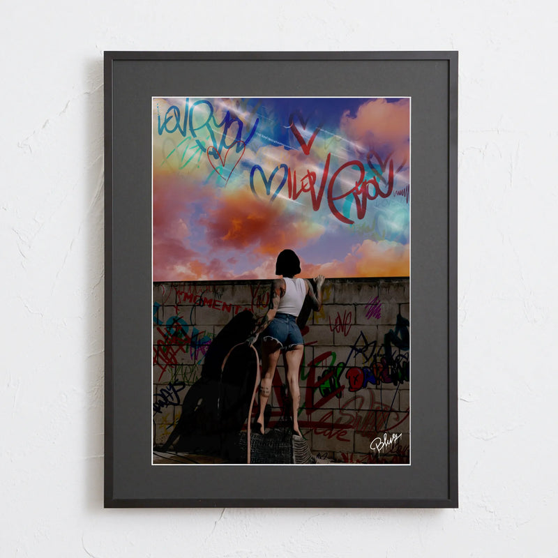 女性とタイポグラフィを組み合わせたストリートアートポスター「beyond the wall」｜Blues作｜クールでメッセージ性のあるイラスト