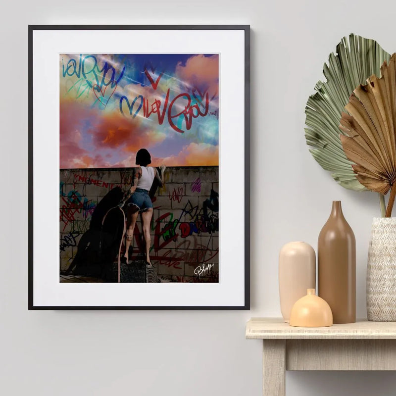 女性とタイポグラフィを組み合わせたストリートアートポスター「beyond the wall」｜Blues作｜クールでメッセージ性のあるイラスト