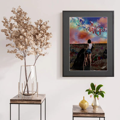 女性とタイポグラフィを組み合わせたストリートアートポスター「beyond the wall」｜Blues作｜クールでメッセージ性のあるイラスト