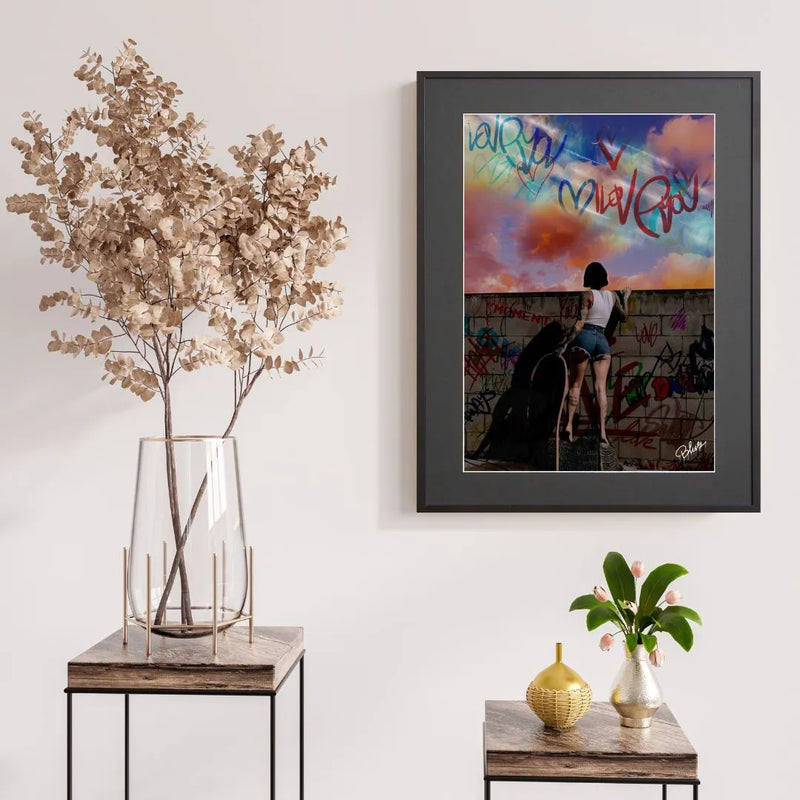 女性とタイポグラフィを組み合わせたストリートアートポスター「beyond the wall」｜Blues作｜クールでメッセージ性のあるイラスト