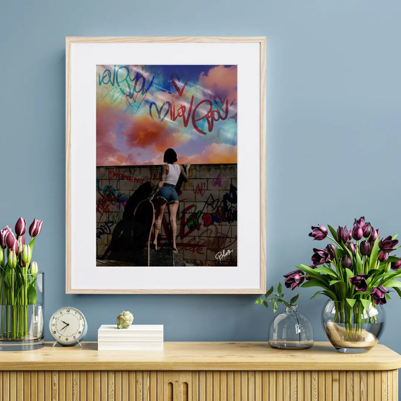 女性とタイポグラフィを組み合わせたストリートアートポスター「beyond the wall」｜Blues作｜クールでメッセージ性のあるイラスト