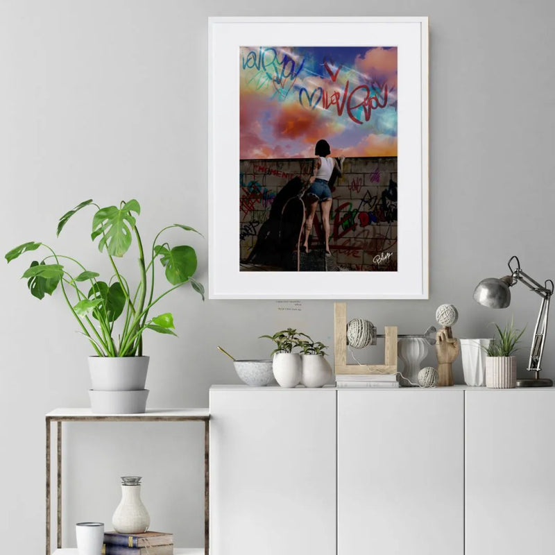 女性とタイポグラフィを組み合わせたストリートアートポスター「beyond the wall」｜Blues作｜クールでメッセージ性のあるイラスト