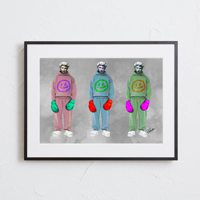 彫刻にスウェットとボクシンググローブを重ねたデジタルコラージュアート「戦う理由。」｜Blues作｜静かな闘志を描いたストリート表現