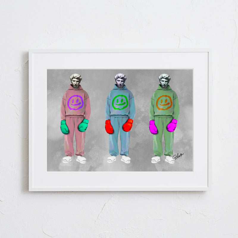 彫刻にスウェットとボクシンググローブを重ねたデジタルコラージュアート「戦う理由。」｜Blues作｜静かな闘志を描いたストリート表現