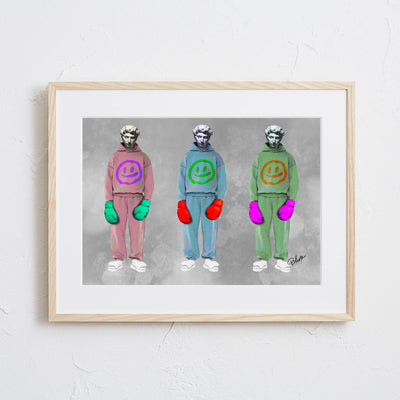 彫刻にスウェットとボクシンググローブを重ねたデジタルコラージュアート「戦う理由。」｜Blues作｜静かな闘志を描いたストリート表現