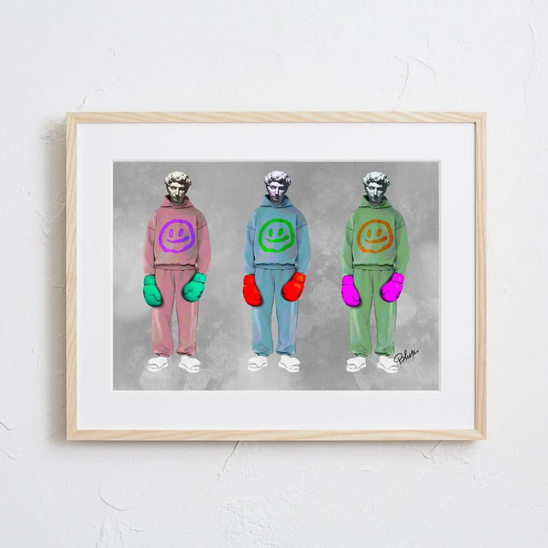 彫刻にスウェットとボクシンググローブを重ねたデジタルコラージュアート「戦う理由。」｜Blues作｜静かな闘志を描いたストリート表現