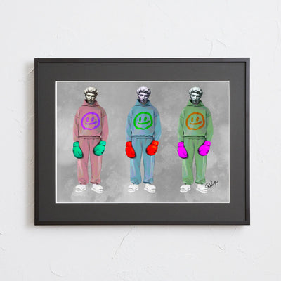 彫刻にスウェットとボクシンググローブを重ねたデジタルコラージュアート「戦う理由。」｜Blues作｜静かな闘志を描いたストリート表現