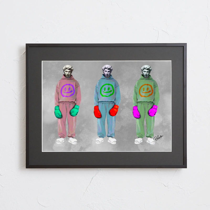 彫刻にスウェットとボクシンググローブを重ねたデジタルコラージュアート「戦う理由。」｜Blues作｜静かな闘志を描いたストリート表現