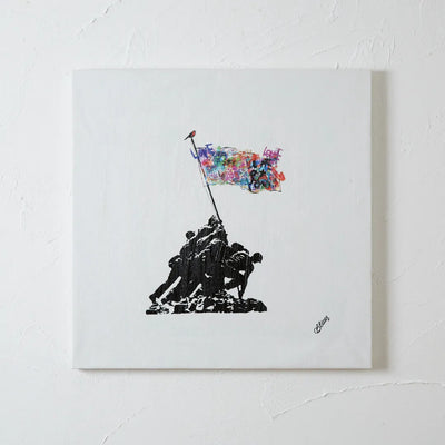 戦場に咲くグラフィティの旗が印象的な原画『LOVE WORLD(original)』｜Blues｜平和を掲げるインパクトのある現代アート作品