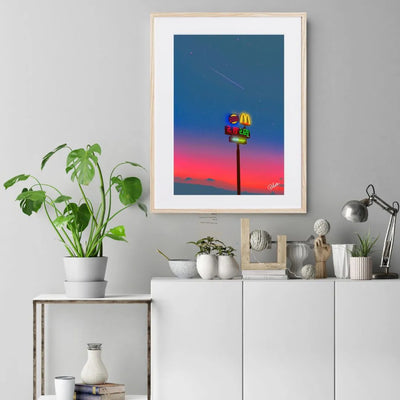 夕焼け空とネオンサインを描いたストリートアートポスター「おいしい夜」｜Blues作｜シンプルでポップな夜の情景