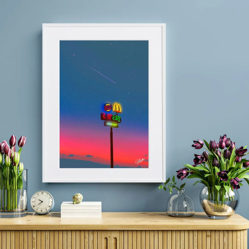 夕焼け空とネオンサインを描いたストリートアートポスター「おいしい夜」｜Blues作｜シンプルでポップな夜の情景