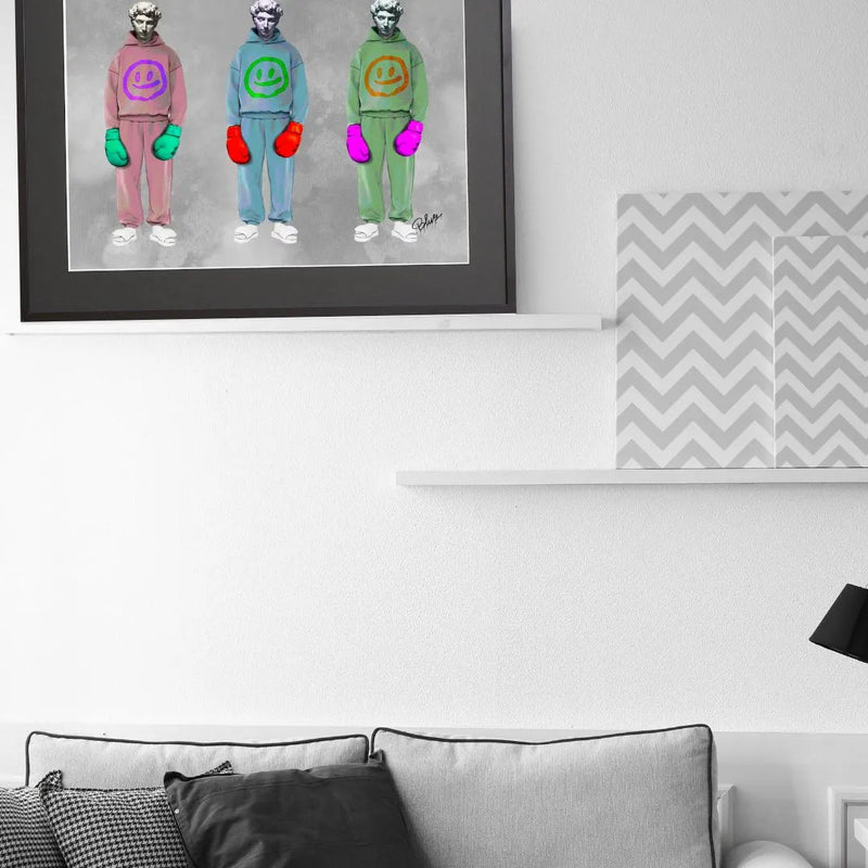 彫刻にスウェットとボクシンググローブを重ねたデジタルコラージュアート「戦う理由。」｜Blues作｜静かな闘志を描いたストリート表現