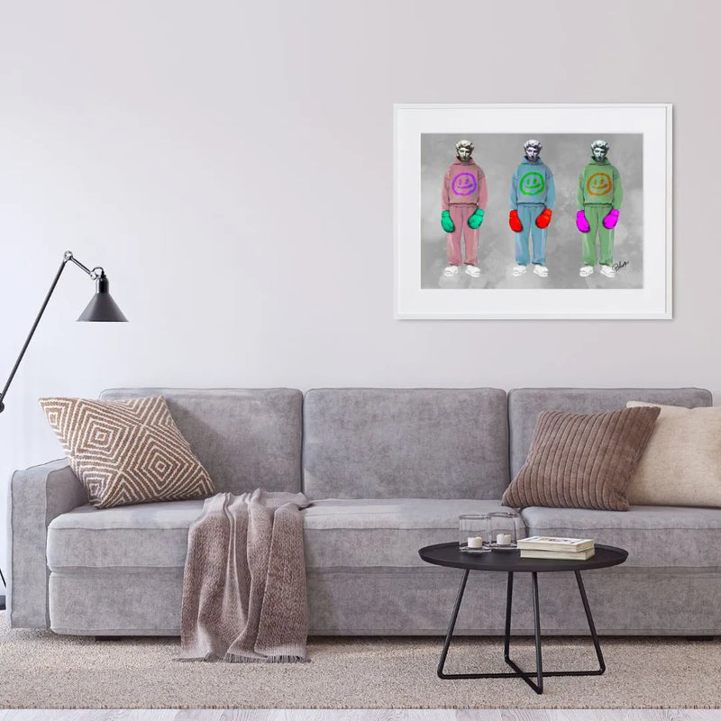 彫刻にスウェットとボクシンググローブを重ねたデジタルコラージュアート「戦う理由。」｜Blues作｜静かな闘志を描いたストリート表現