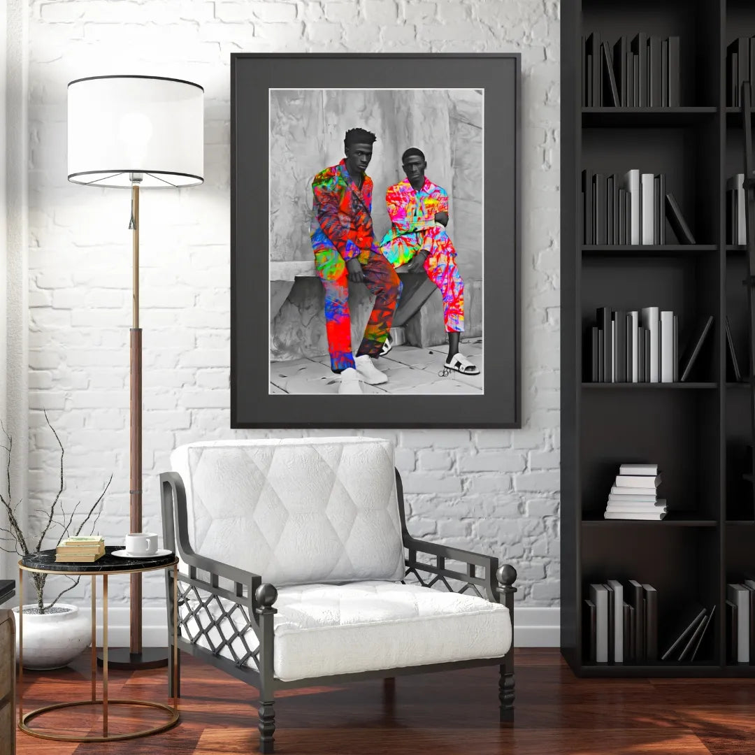 モノクロで描かれた男性2人のコラージュアートポスター「color