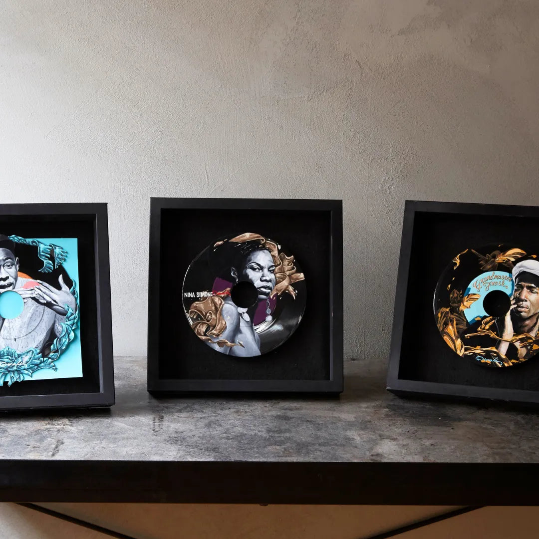 レコード盤に描くジャズの女王ニーナ・シモンの人物画・原画アート