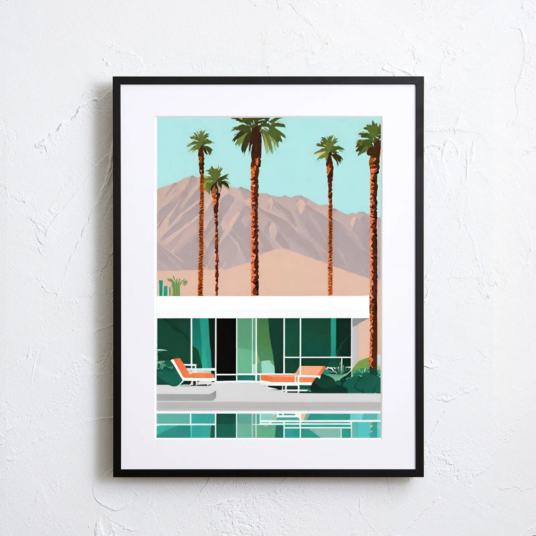 ヤシの木とミッドセンチュリー建築を描いた西海岸風アートポスター