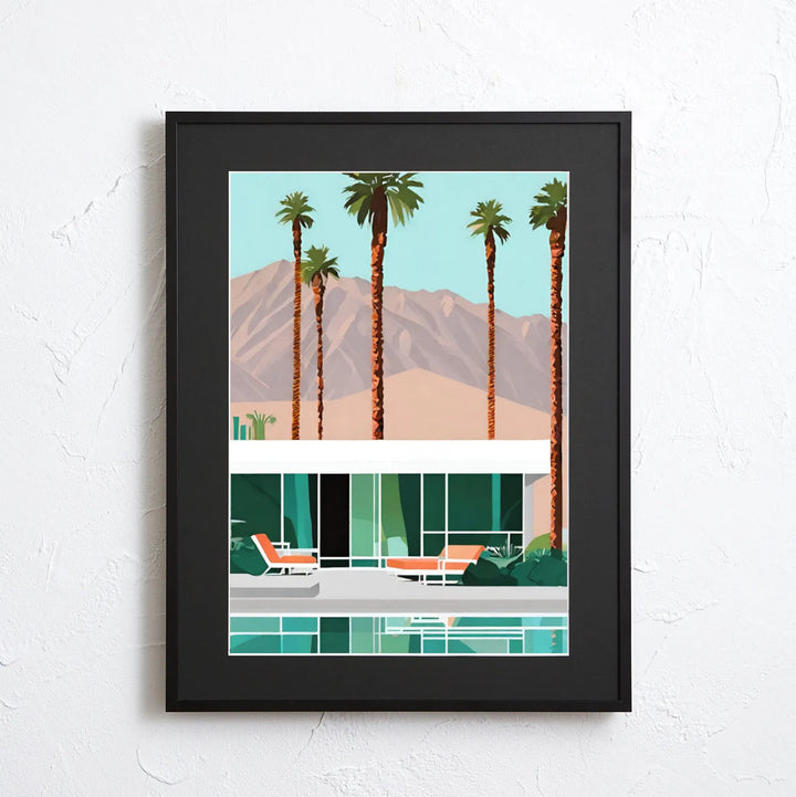 ヤシの木とミッドセンチュリー建築を描いた西海岸風アートポスター