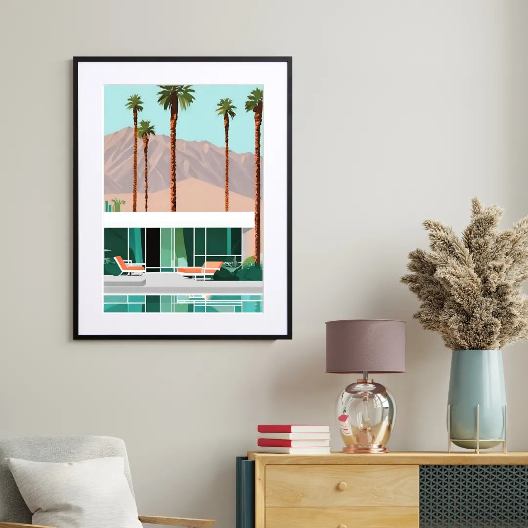 ヤシの木とミッドセンチュリー建築を描いた西海岸風アートポスター