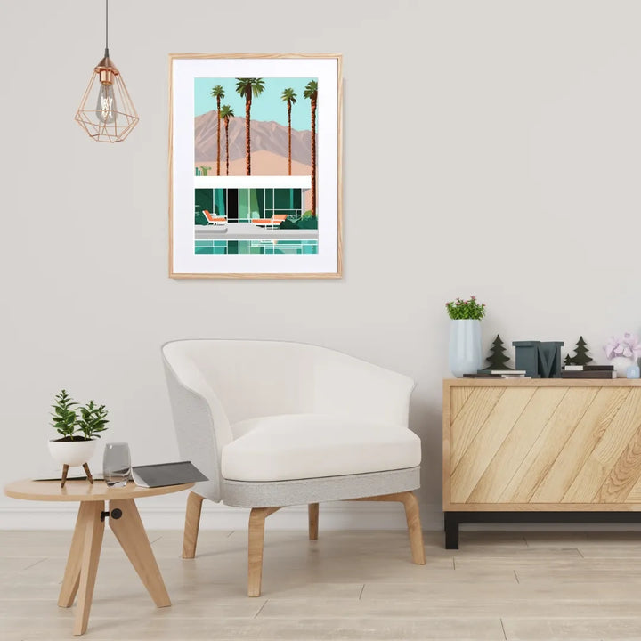 ヤシの木とミッドセンチュリー建築を描いた西海岸風アートポスター
