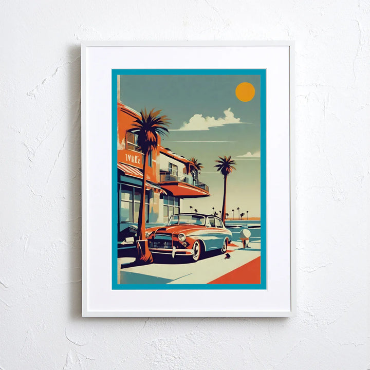 カリフォルニア西海岸のクラシックカーを描いたヴィンテージ風アート
